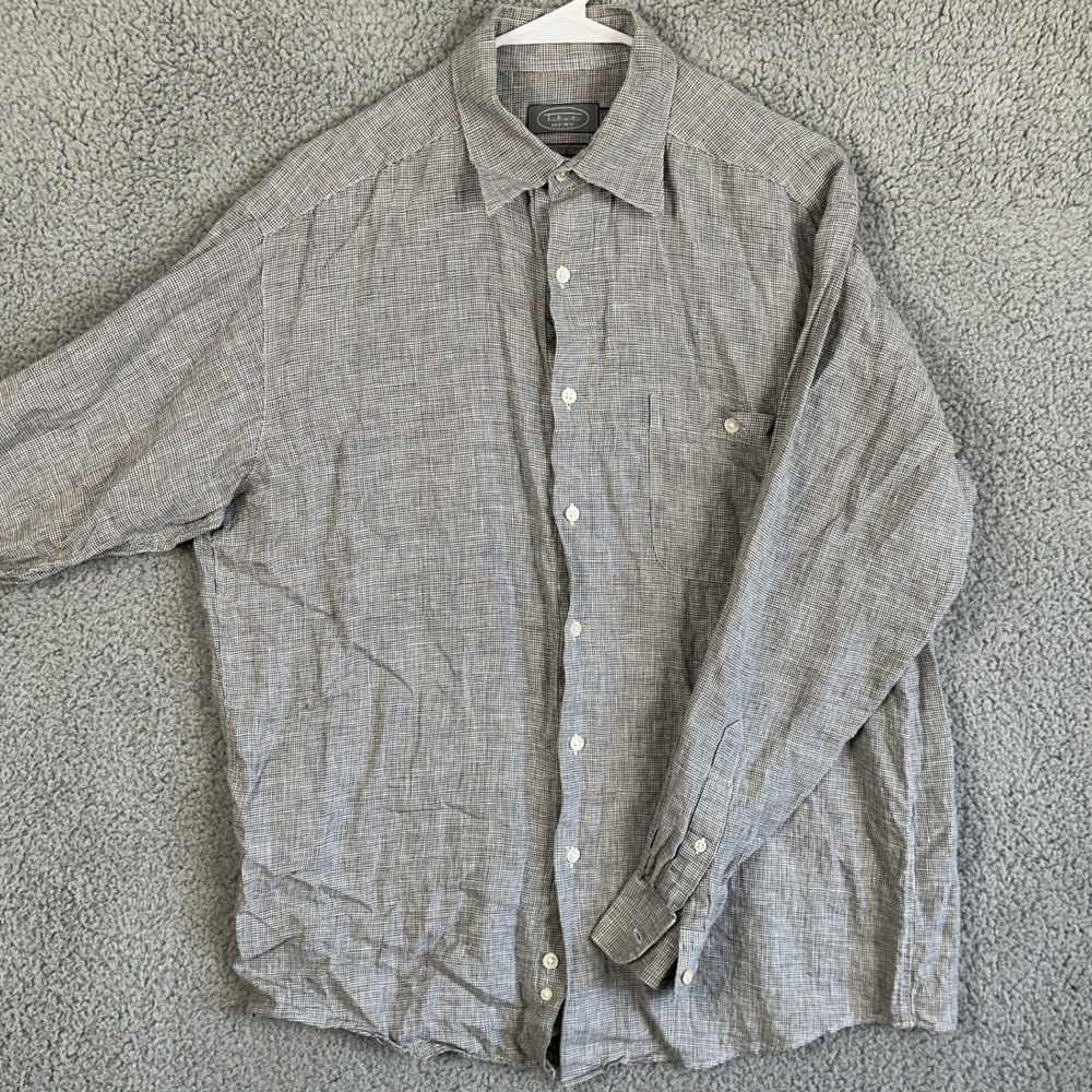 Talbots 100% Linen Shirt Button Up Mens Medium White Gray Houndstooth Button Up